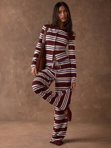 SHEIN BAE Women's Burgundy Striped Retro Casual Striped Drawstring Waist Trousers / Casual Trousers / Loungewear Trousers / Striped Straight Leg Trousers / New Year Trousers / Goingout Trousers /Casual Women Outfits Striped Wide Leg Pants - Coffee Brown - View 1