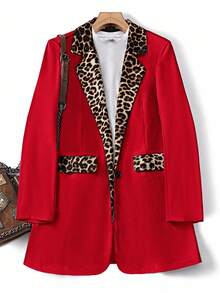 SHEIN Clasi Plus Size Leopard Print & Solid Color Patchwork Long Sleeve Blazer - Red - View 6