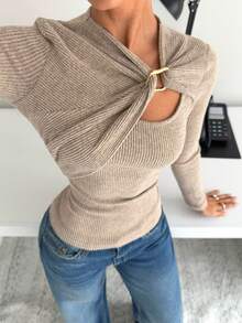 SHEIN PETITE CURVE Plus Size Women's Fashionable Solid Color Ribbed Knit Metal Button Hollow Long Sleeve Fitted T-Shirt, Spring/Autumn - Apricot - View 5