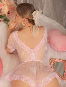 DelicateAllure 粉色情人节网纱蕾丝拼接深V领短袖爱心图案可爱性感优雅女士连体衣，适合度假和派对穿着 - 粉色 - 查看 2