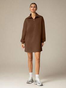 Hanevo 秋冬休闲街头风极简通勤慵懒返校高领拉链半开下摆宽松连帽衫和女士短裤套装 - 咖啡棕 - 查看 4
