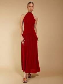 COSMINA Đầm hở lưng không tay màu trơn thanh lịch dành cho nữ - Đỏ - Xem 5