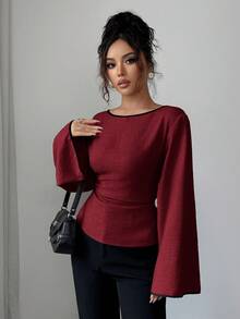 Siren Gaze Áo sơ mi dài tay buộc eo thanh lịch dành cho nữ, thích hợp mặc đi làm vào mùa thu - Đỏ - Xem 5