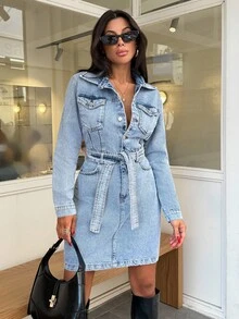 EURMUSE Mini Button And Belt Detailed Rigid Denim Dress - Light Wash - View 6