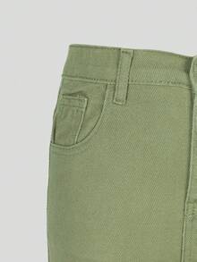 SHEIN Denimly 女童休闲简约学院风水洗牛仔松紧腰拉链裤脚七分牛仔裤 - 綠色 - 查看 5