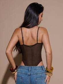 SHEIN BAE Black Sheer Mesh Patchwork Asymmetric Bodysuit, Day Of The Dead, Women Dark Brown Top - Coffee Brown - View 2