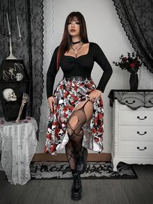 Whyspr 大码女式性感修身休闲百搭不规则A字拼接骷髅玫瑰印花长袖连衣裙，朋克风，适合返校、情人节、日常穿着，春夏秋季皆宜。 - 彩色 - 查看 5