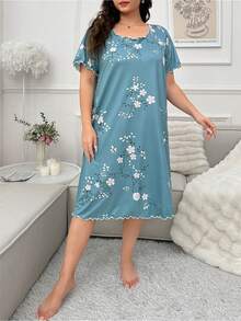 Plus Size Flower Printed Short Sleeve Sleep Dress Pajama Dress, Moo Moo - Green - View 5