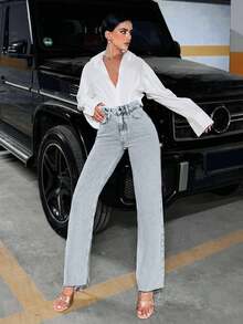 EURMUSE 女士休闲通勤水洗直筒牛仔裤 - 淺藍色 - 查看 4