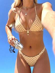 Swim Mod Women's Summer New Seaside Vacation Fashion Sweet Cute Contrast Polka Dot Print Reversible Halter Tie Back Sexy Bikini Set Set Summer Bikini Cute Swimsuits Polka Dot Bikini Polka Dot Bathing Suit - Multicolor - View 2