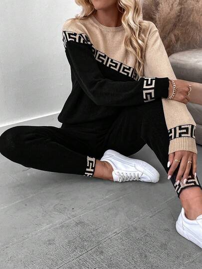EMERY ROSE Geo Pattern Colorblock Sweater & Knit Pants
