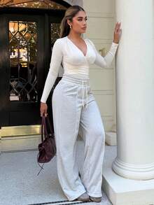 Maria Perezxox 實色束口腰寬腿運動長褲 - 淺灰色 - 查看 6