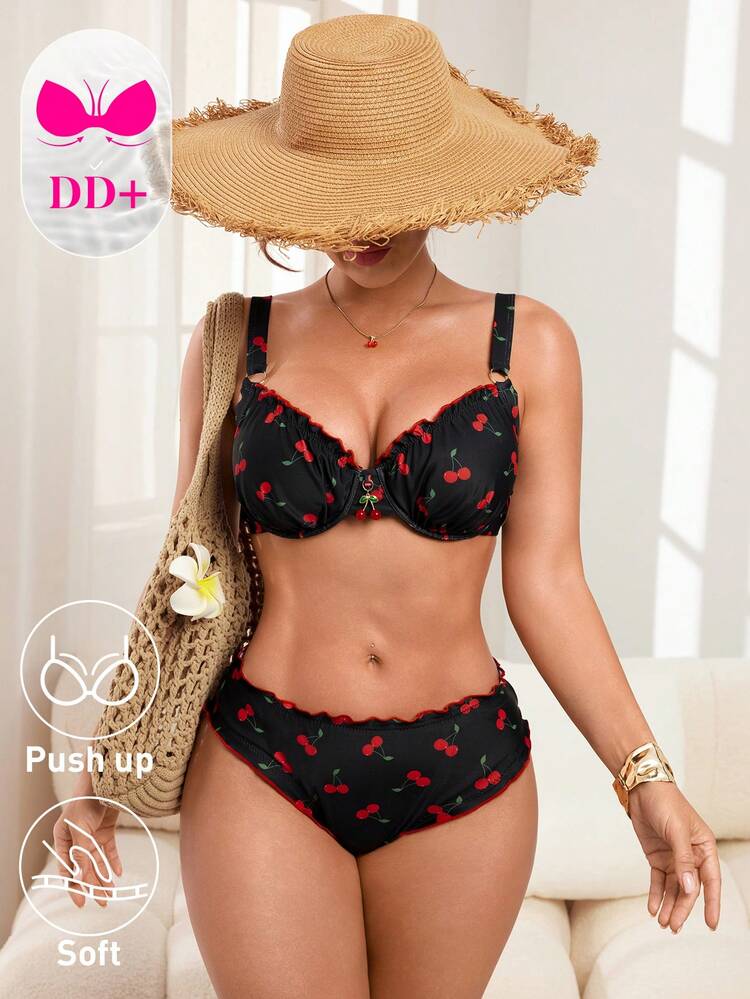 Swim DD+ 女士樱桃印花荷叶边性感比基尼泳装套装，夏季沙滩 - 彩色 - 查看 3