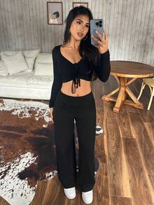 Flexra Petite Quần jeans ống loe cạp cao co giãn màu trơn dành cho nữ - màu đen - Xem 7