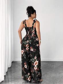 Elenzga Bộ đồ liền thân ống rộng buộc dây phía trước cho ngày lễ lãng mạn cỡ lớn - màu đen - Xem 3