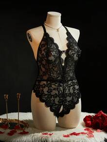 SpicyHot 1pc Plus Size Lace Wireless Sexy Lingerie Bodysuit - Black - View 6