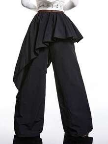 LYSMO Mẫu quần dài nữ dáng rộng 2 trong 1 màu trơn phong cách tối giản mới về năm 2026 dành cho mùa xuân/hè/Mùa xuân/Mùa xuân/Kỳ nghỉ xuân/Ngày lễ tình nhân/Ngày Valentine/Phong cách Y2K/Những năm 2000/Quần đen/Quần thể thao thường ngày dành cho giới trí thức - màu đen - Xem 2