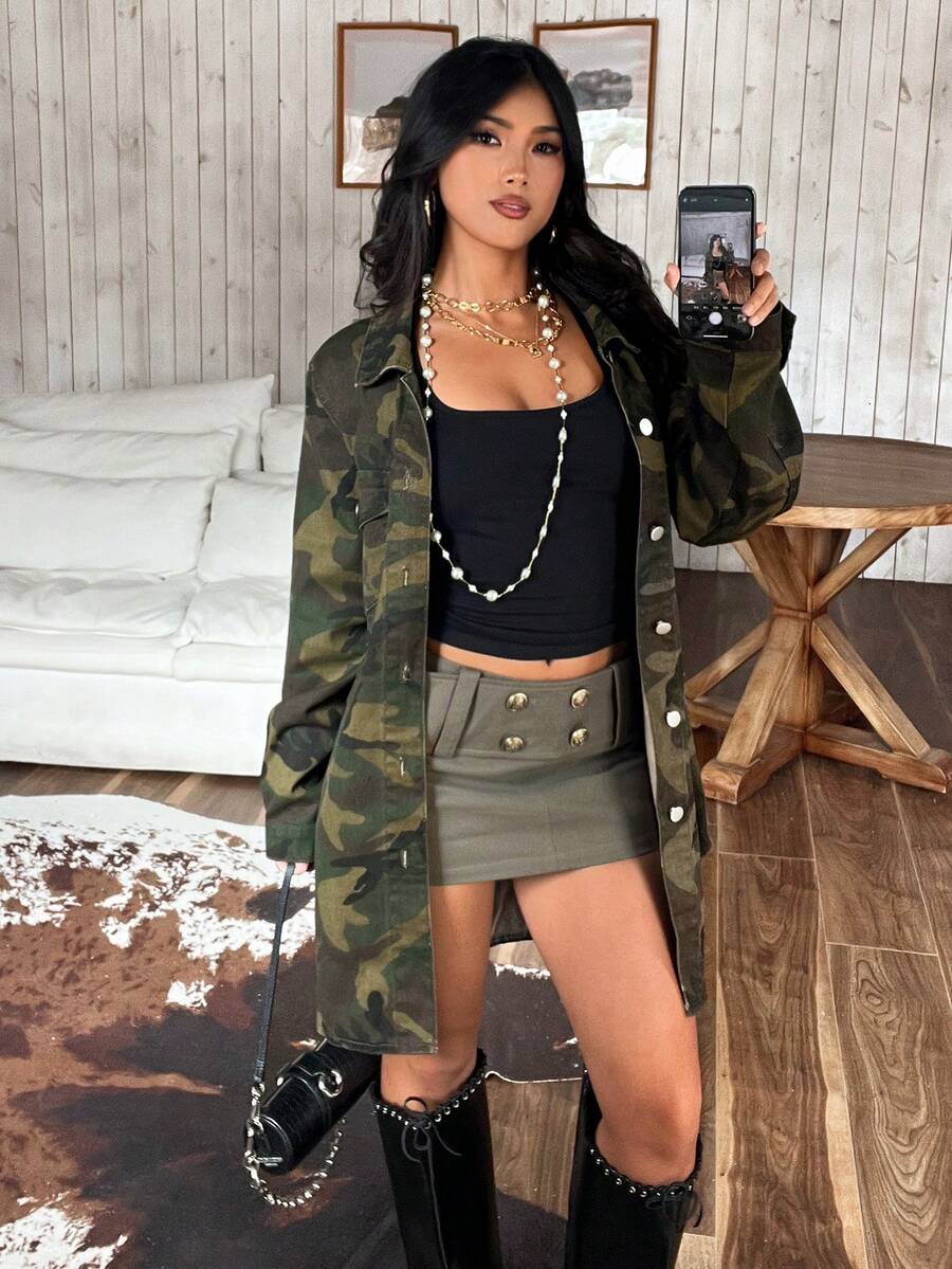 SHEIN PETITE Women's Fashionable Retro Camouflage Print Denim Coat - Army Green - View 1