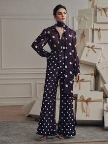 Anewsta 女士波点衬衫+阔腿裤两件套，优雅百搭的时尚设计 - 紫色 - 查看 4