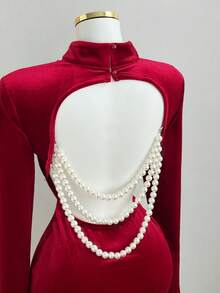 Elamini 女士优雅派对迷你连衣裙，长袖，露背设计，饰有仿珍珠，适合秋冬季日常穿着、派对、约会等场合。 - 酒紅色 - 查看 3