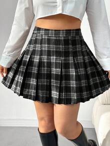 SHEIN CURVE+ Plus Size Women Vintage Plaid Pleated A-Line Skirt, Autumn/Winter - Black - View 5