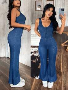 SHEIN PETITE 女式休闲水洗修身无袖牛仔连体裤