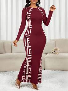 SHEIN Lady 女士优雅几何印花圆领鱼尾裙，秋季 - 酒紅色 - 查看 4