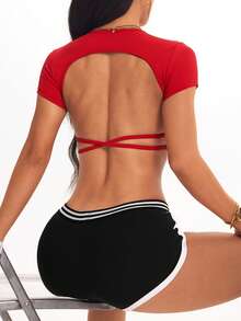 Velisys 2PCS Women's Fashion Backless Thin Strap Fitted Short Sports T-Shirt 2 Piece Sport Set 2pc Active Set - Multicolor - View 2