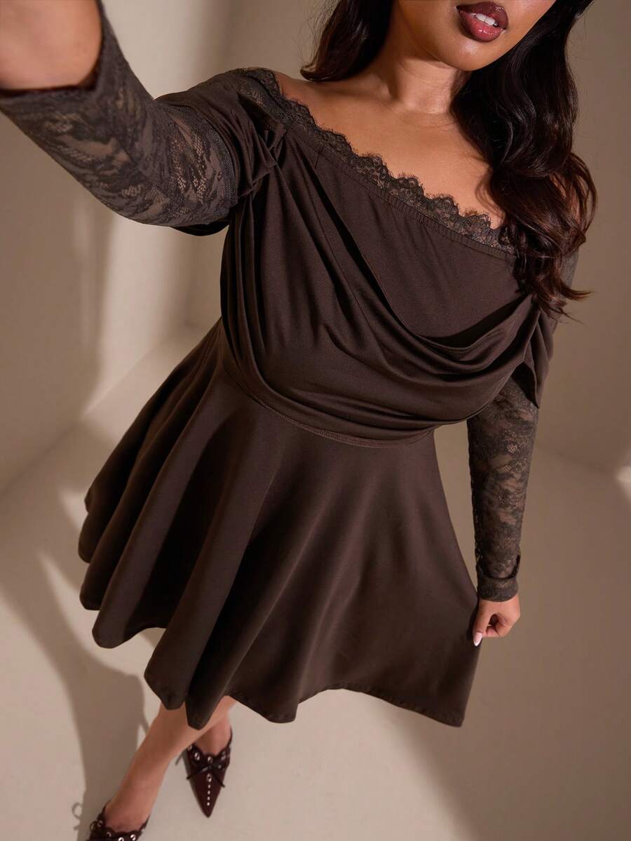 SHEIN BAE 1 chiếc váy ngắn tay dài hở vai thanh lịch bằng ren - màu nâu - Xem 1
