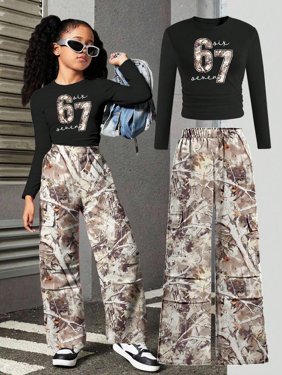 SHEIN ChillGRL 女童67号印花上衣和直筒工装裤套装（2件套），时尚休闲街头风 - 黑色 - 查看 1