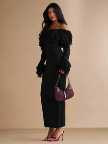 Silquee 女士时尚优雅露肩修身毛衣连衣裙，秋冬季款 - 黑色 - 查看 5