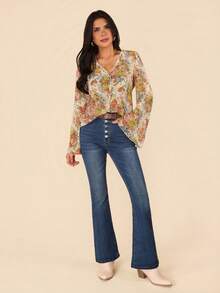 Coeurva Floral Print Trumpet Sleeve Blouse - Apricot - View 4