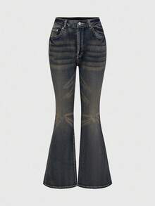 Goth Quần jeans ống loe cạp trễ thêu cánh đính đá thời trang cổ điển giản dị dành cho nữ - Màu xám đen - Xem 3
