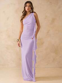 SHEIN BAE Asymmetric Ruched Backless Maxi Mesh Dress With Ruffle Hem, Elegant Women's Dress For Vacation & Beach, Spring/Summer - Mauve Purple - View 7