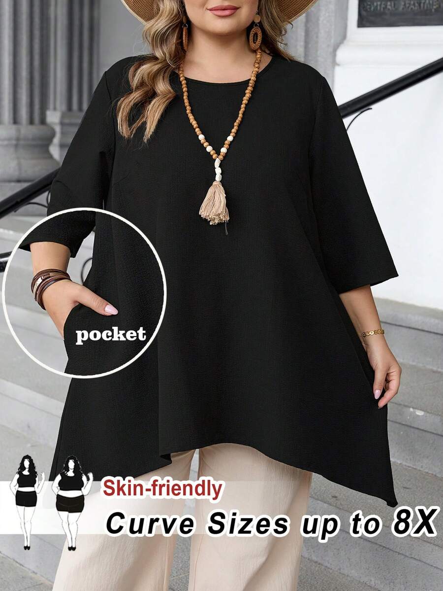 SHEIN CURVE+ 大码女式纯色圆领七分袖口袋宽松衬衫/2026/新年 - 黑色 - 查看 1