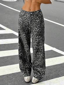 Muchica 女士纽扣腰带豹纹直筒休闲裤，时尚街头服饰