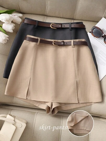 Franclia Women's Fashionable Versatile Commuter Slit Camel Color Mini Skirt Shorts
