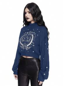 ROMWE Goth Suéter de cuello alto negro gótico oscuro con bordado misterioso de gato - Azul Marino - Ver 5