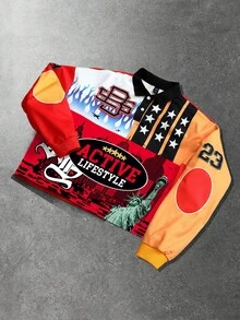 ROMWE MEN Street Life Felpa casual da uomo con colletto polo, maniche lunghe e stampa digitale di lettere - Multicolore - Visualizzare 4