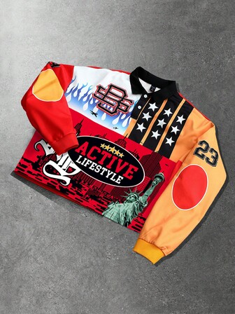 Street Life Sudadera casual de manga larga con cuello polo y estampado digital de letras para hombre
