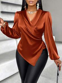 SOLERSUN Blus Satin Model Lilitan Polos dengan Detail Lengan Lentera - Rust Brown - View 6