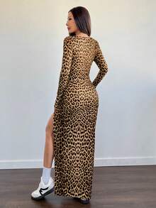 Flirla Leopard Print Square Neck Long Sleeve Split Hem Maxi Dress, Autumn/Winter Casual Daily Outfit - Multicolor - View 2