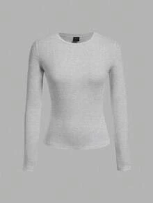 Tseoso Bộ 3 áo thun dài tay cổ tròn ôm vừa vặn thường ngày dành cho nữ, 95% cotton, đen, xám pha, xanh navy - Nhiều màu - Xem 6