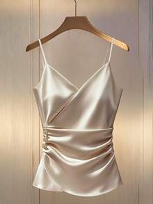 Franclia Sexy Spaghetti Strap Ruffle Trim Metal Buckle Decor Fitted Camisole Satin Top Silk Top Elegant Camisole Champagne Cami Formal Top Champagne Top Satin Blouse Elegant Top - Apricot - View 3
