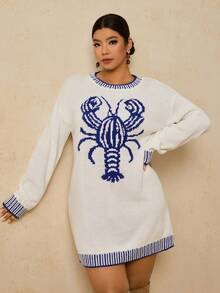 Travachic Plus Size Fashionable Lobster & Striped Pattern Crew Neck Long Sleeve Pullover Top/Winter - White - View 3