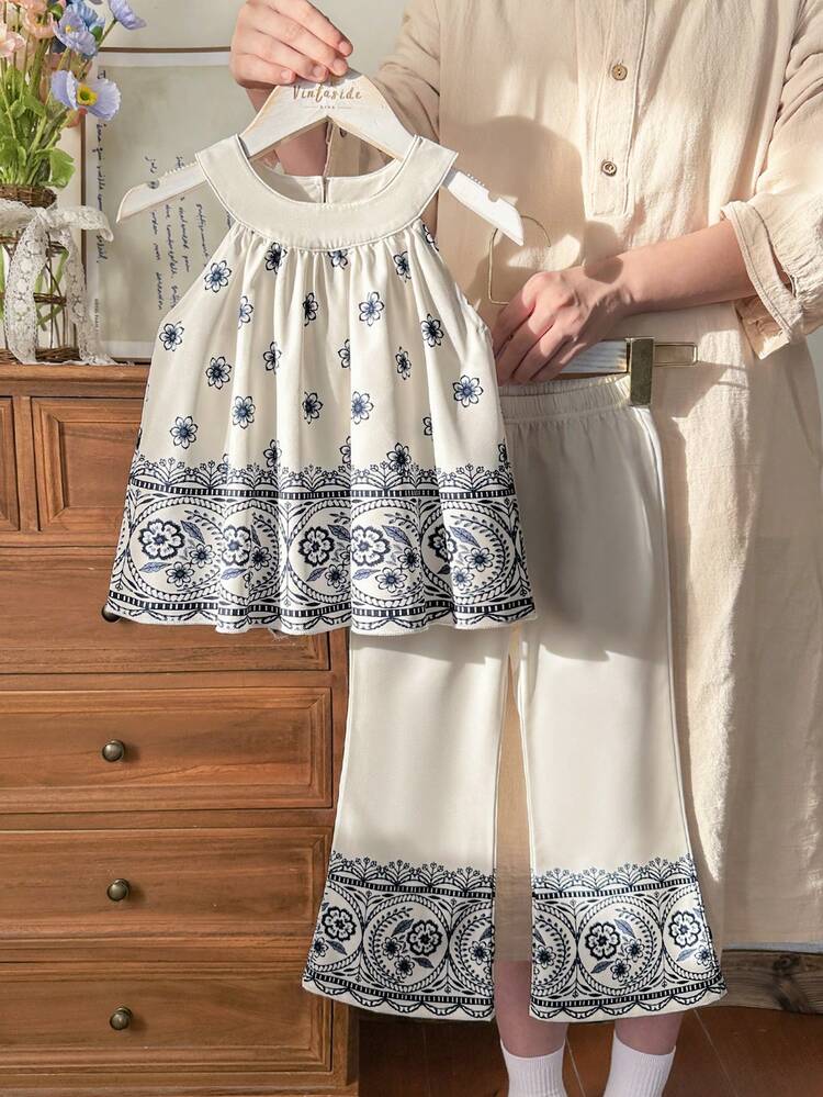Vintaside Kids 女童图案无袖上衣和复古印花长裤两件套，宽松版型，适合外出、休闲、度假和派对穿着。 - 彩色 - 查看 6