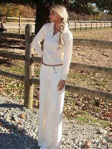 Sydney Algeri 女士秋冬装家居简约舒适甜美休闲保暖内衬暖白色双层腰部设计纽扣不对称米色简约毛衣裤日常穿搭 - 白色 - 查看 6