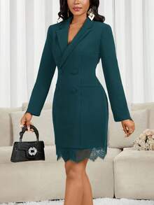 SHEIN Lady Women's Solid Color Minimalist Long Sleeve Short Casual Dress - Dark Green - View 5