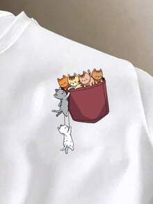 Manfinity Joysei 男士可爱猫咪假口袋印花T恤 - 白色 - 查看 2