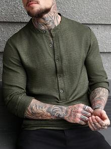 Manfinity CasualCool 男士白色竹编结亚麻质感圆领半开襟长袖套头衫，秋季款……男士休闲上衣 男士休闲长袖衬衫 男士亨利衫长袖衬衫 男士时尚上衣 - 軍綠色 - 查看 4